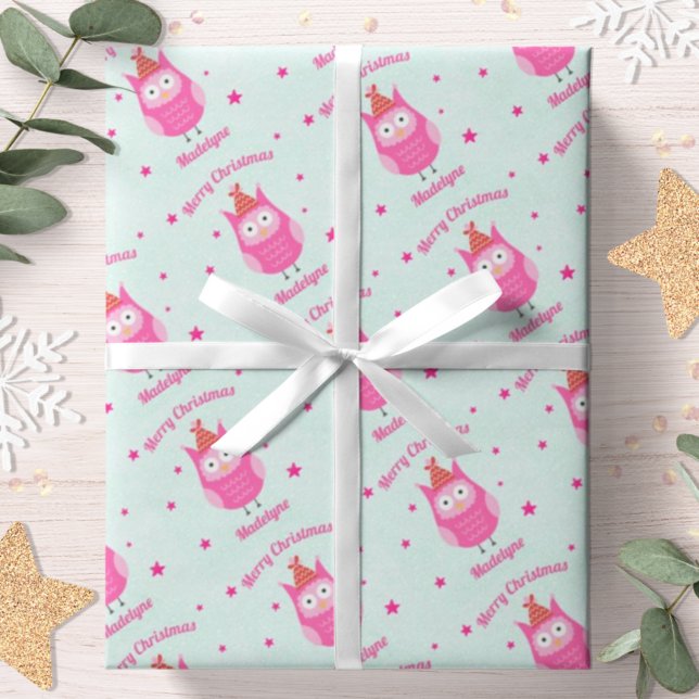 Papier Cadeau Cute Owl Noël Rose Neige Étoiles Personnalisé (Créateur téléchargé)