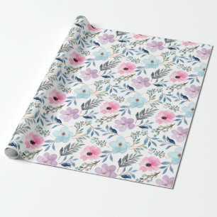 Papier Cadeau Cute Pastel Blue Aquarelle Fleurs Motif 