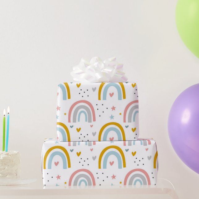 Papier Cadeau Cute Pastel Blue Blush Turquoise Boho Rainbow Hear (Cadeaux de fête)