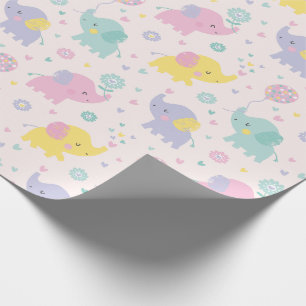 Papier Cadeau Cute Pastel Little Elephants menthe lilas rose