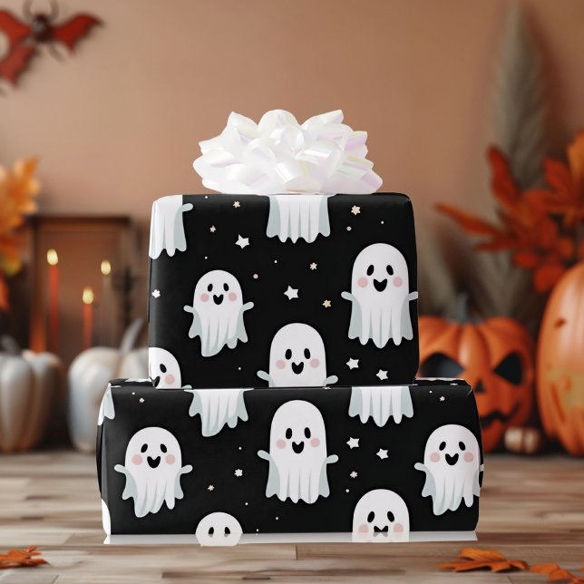 Papier Cadeau Cute Pastel Pink Halloween Ghost & Citrouille (Créateur téléchargé)