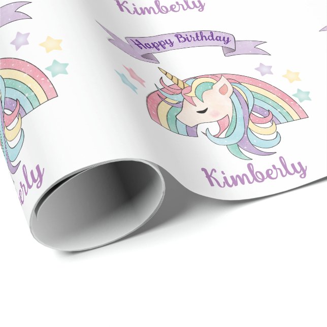 Papier Cadeau Cute Pastel Unicorn et Sparkly Rainbow (Coin rond)