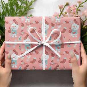 Papier Cadeau Cute Peach Snowman Cartoon Girl Nom personnalisé