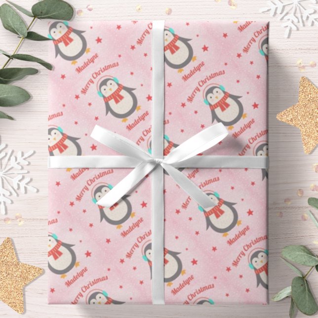 Papier Cadeau Cute Penguin Noël rose neige Personnalisé (Créateur téléchargé)