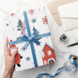 Papier Cadeau Cute Père Noël et xmas arboré rouge et blanc