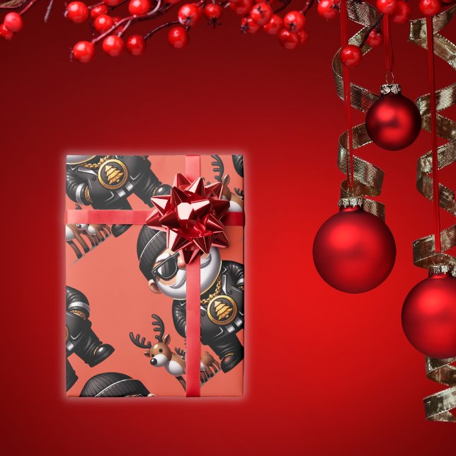 Papier Cadeau Cute Père Noël Gangster avec rennes | (Créateur téléchargé)