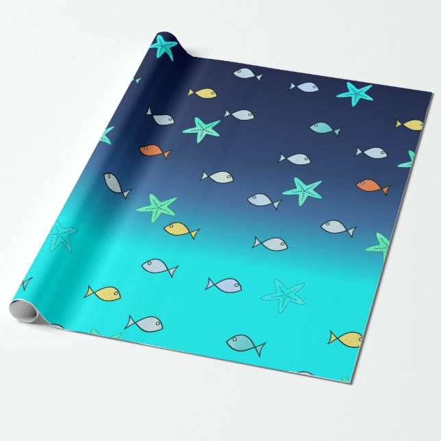 Papier Cadeau Cute poisson d'étoile bleu turquoise (Déroulé)