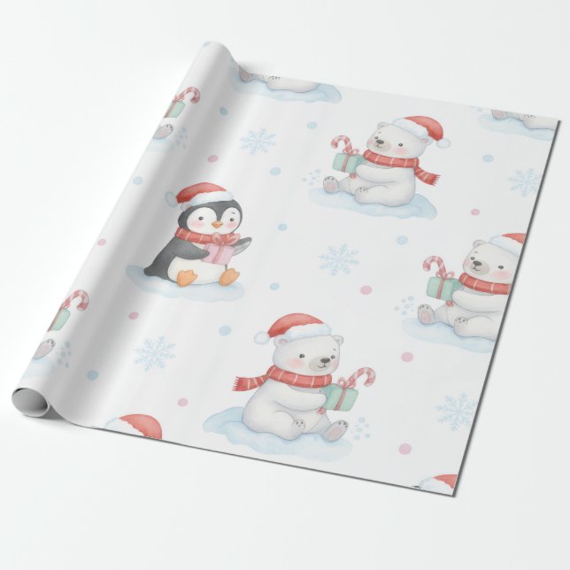 Papier Cadeau Cute Polar Bears Penguins Christmas Wrapping Paper (Déroulé)