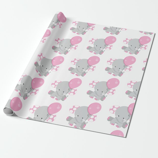 Papier Cadeau Cute Polka Dot Rose Eléphant Fille bébé (Déroulé)