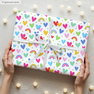 Papier Cadeau Cute Rainbow Hearts Stars Célébration Valentines