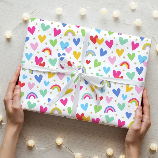 Papier Cadeau Cute Rainbow Hearts Stars Célébration Valentines (Créateur téléchargé)