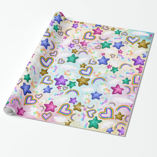 Papier Cadeau Cute Rainbow Unicorn Pastel Papier à enveloppement (Déroulé)