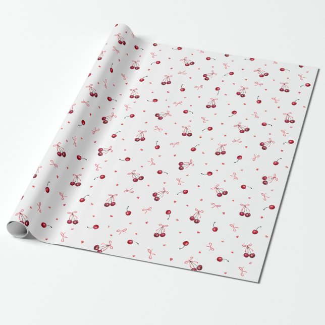 Papier Cadeau Cute Red Cherries Coeurs Bows (Déroulé)