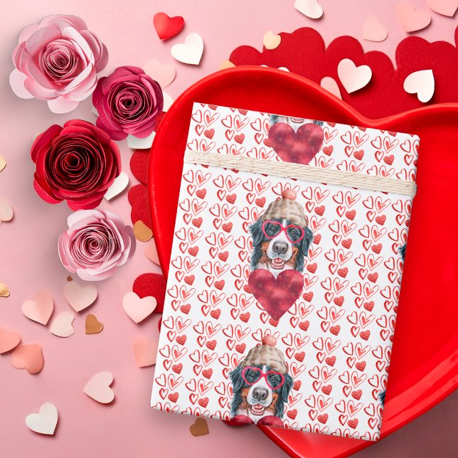 Papier Cadeau Cute Red Hearts Bernese Amoureux des chiens Valent (Créateur téléchargé)