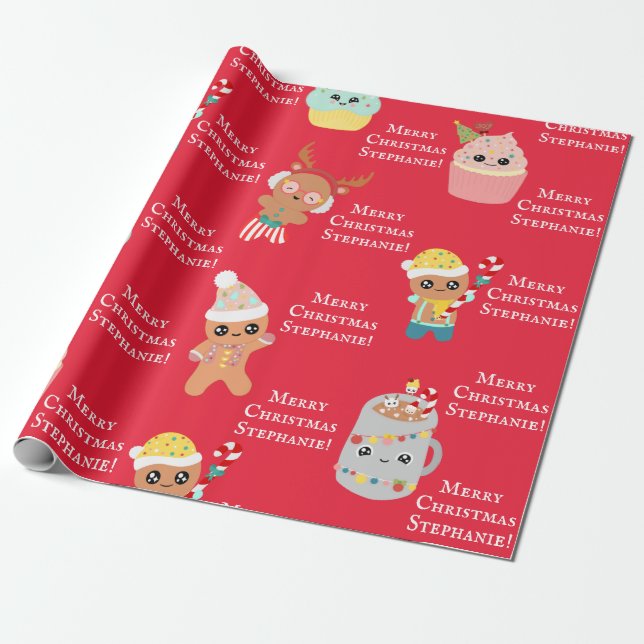 Papier Cadeau Cute Red Kawaii Christmas Food Kids Ajouter un nom (Déroulé)