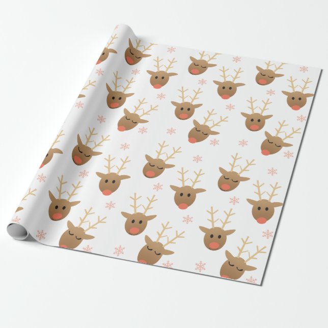 Papier Cadeau Cute Reindeer Motif Snowflakes Orange Brown (Déroulé)