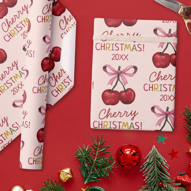 Papier Cadeau Cute Rose Bow et Red Cherry Motif de Noël (Créateur téléchargé)