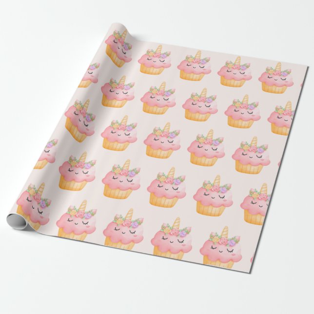 Papier Cadeau Cute rose Cupcake Unicorn avec Rose (Déroulé)