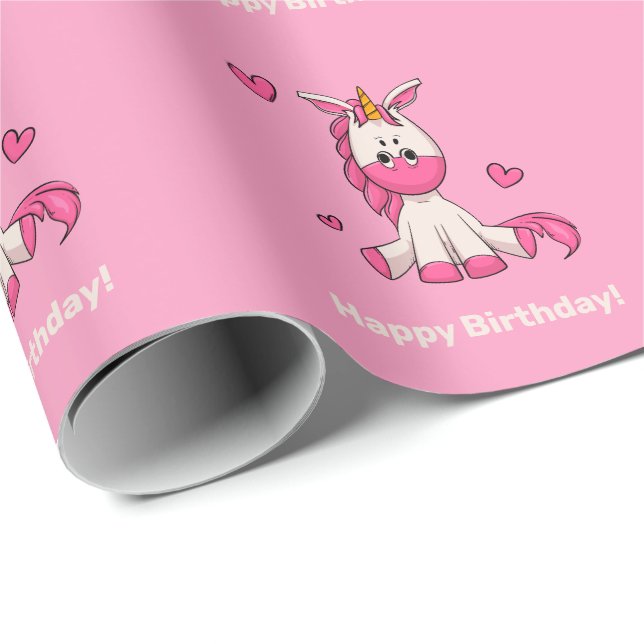 Papier Cadeau Cute Rose Unicorn Fille Anniversaire (Coin rond)