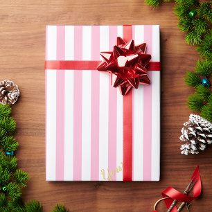 Papier Cadeau Cute Rose White Stripes Motif Gold Texte Anniversa