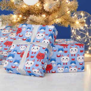 Papier Cadeau Cute Rouge Blanc Bleu Chefs de Chat Animaux Motifs