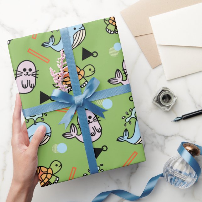 Papier Cadeau Cute sea turtle dolphin animals pattern wrapping p (Cadeaux)