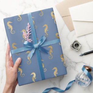 Papier Cadeau Cute Seahorse Blue Gold Mermaid Thème de fête cade