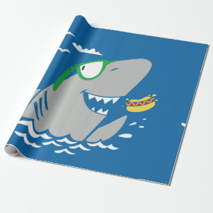 Papier Cadeau Cute shark cartoon vintage eating a hot dog on blu