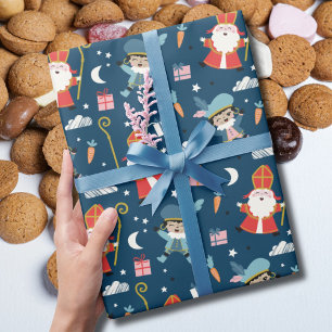 Papier Cadeau Cute Sinterklaas et Piet Motif sur marine