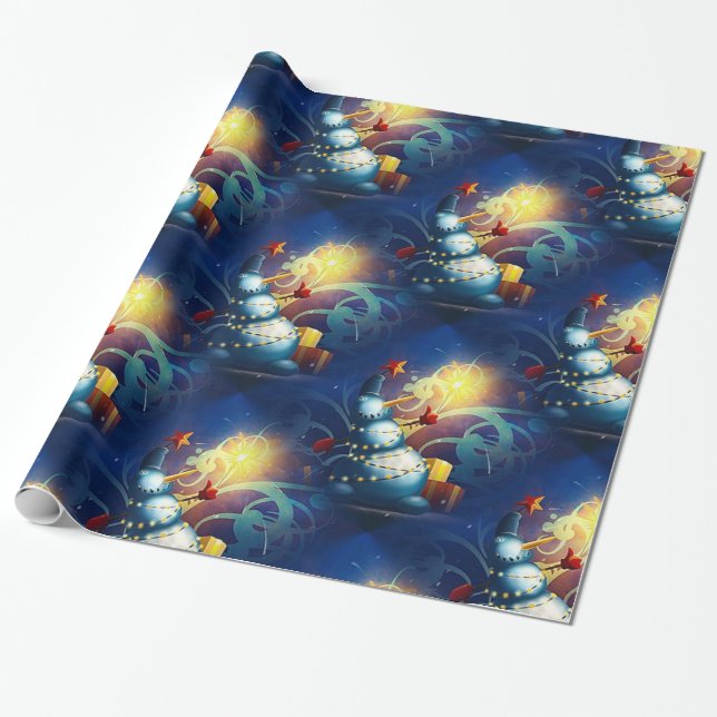 Papier Cadeau Cute Snowman avec cadeaux et feux d'artifice (Déroulé)