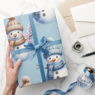 Papier Cadeau Cute Snowman Blue Snowy Background Christmas