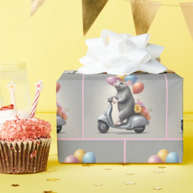 Papier Cadeau Cute souris sur un scooter (Fête d'anniversaire)