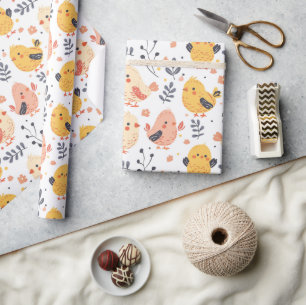 Papier Cadeau Cute Spring Chicks et modèle floral