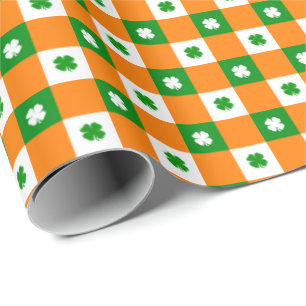 Papier Cadeau Cute St Patrick's Lucky Clover Green Orange Plaid