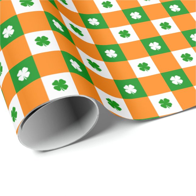 Papier Cadeau Cute St Patrick's Lucky Clover Green Orange Plaid (Coin rond)