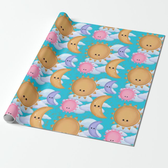 Papier Cadeau Cute Sun Moon and Cloud Pattern Wrapping Paper (Déroulé)
