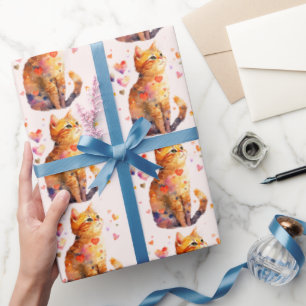 Papier Cadeau Cute Tabby Chat avec Coeurs