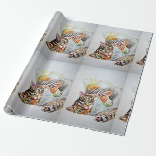 Papier Cadeau Cute Tabby Chat Jouer Art Watercolor Wrapper
