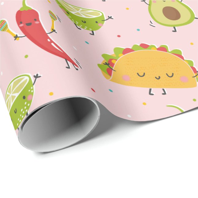 Papier Cadeau Cute Taco's Avocado Chili Lime Party rose (Coin rond)
