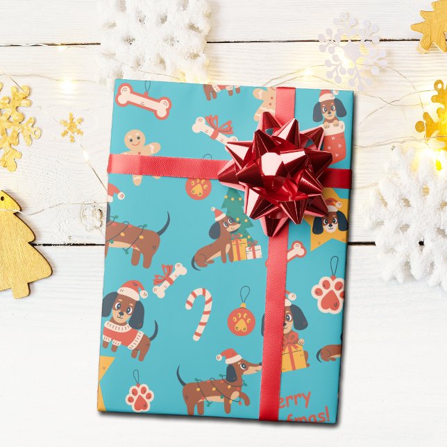 Papier Cadeau Cute Teal Christmas Dachshund Merry Woofmas (Cute festive Dachshund wrapping paper in teal, perfect for Dachshund dog lovers and the pups too!)