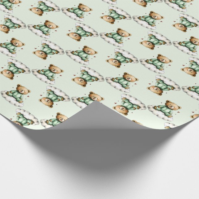 Papier Cadeau Cute Teddy Bear on a Cloud Green PJs (Coin)