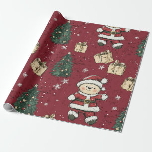 Papier Cadeau Cute Teddy Bear & Santa sur fond Rouge (3)