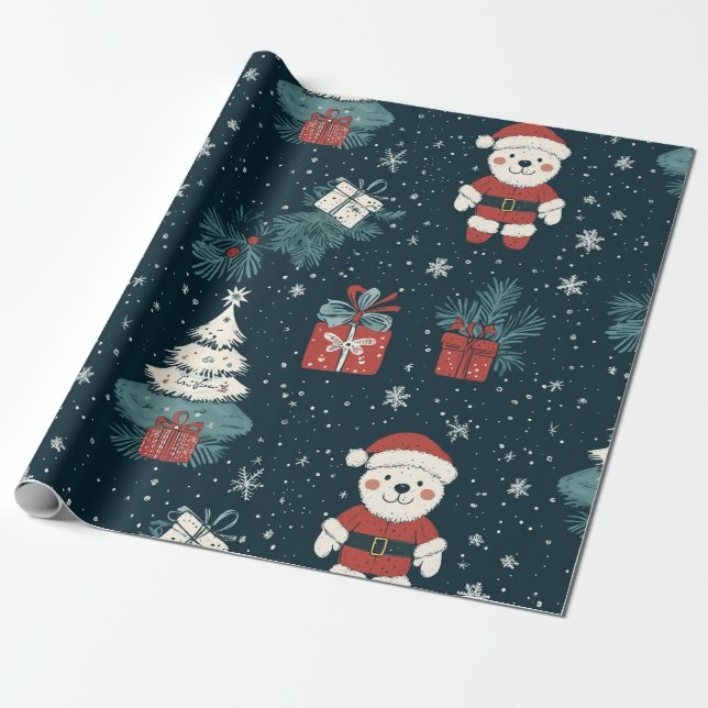 Papier Cadeau Cute Teddy Bear & Santa sur fond vert foncé (1) (Déroulé)