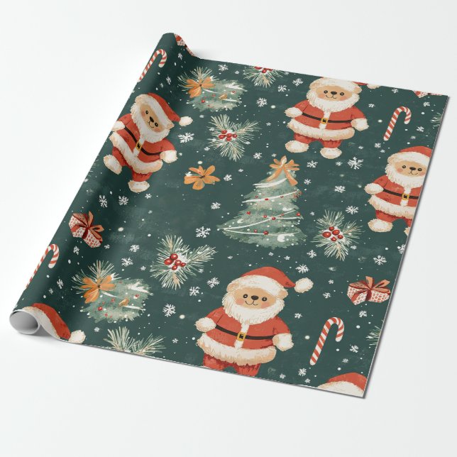 Papier Cadeau Cute Teddy Bear & Santa sur fond vert foncé (2) (Déroulé)