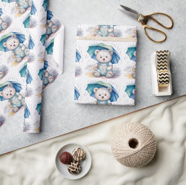 Papier Cadeau Cute Teddy Bear With Umbrella Boy Baby Shower (Artisanat)