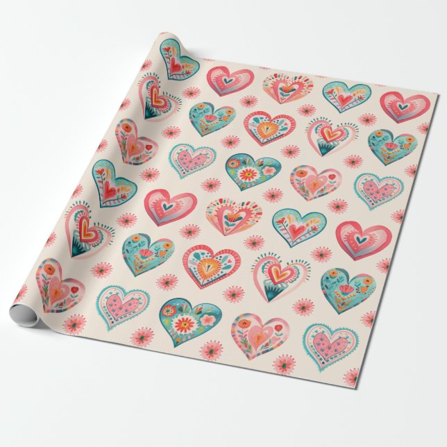 Papier Cadeau Cute Valentine Motif de coeur (Déroulé)
