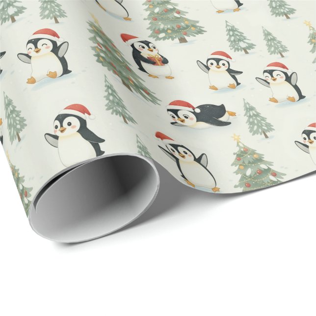 Papier Cadeau Cute Watercolor Penguins Christmas Forest Holiday (Coin rond)