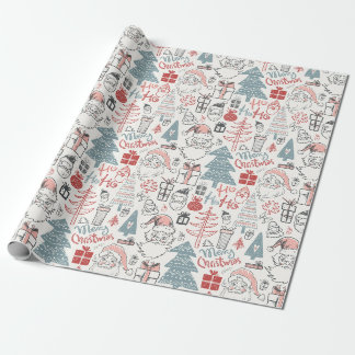 Papier Cadeau Cute Whimsical Père Noël sapin de Noël Motif rose