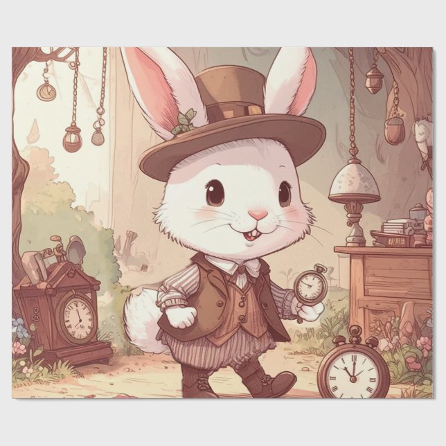 Papier Cadeau Cute White Rabbit Wonderland Whimsical Timekeeper (Plat)
