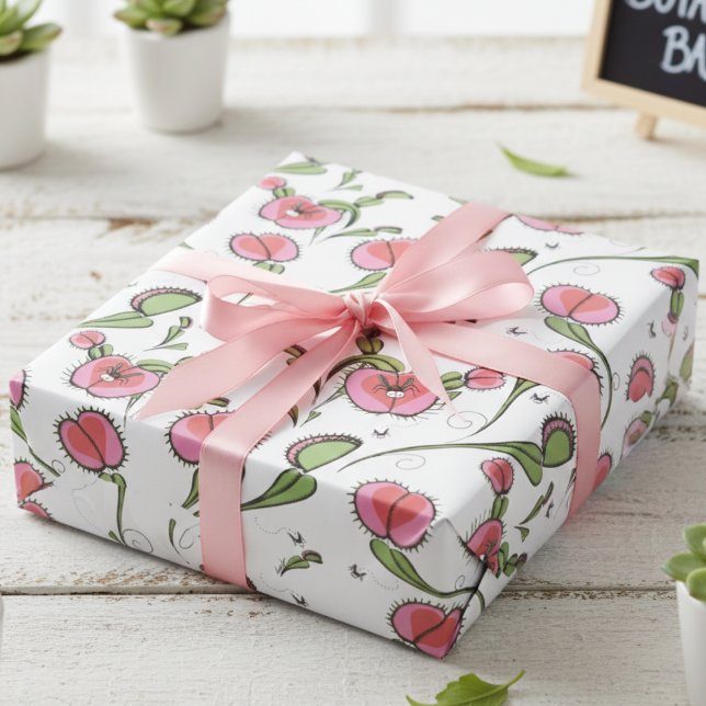 Papier Cadeau Cute White Vénus Flytrap collé sur votre amour (Cute Botanical Venus Flytrap Plants Whimsical Kids Wrapping Paper for Valentine's Day & Birthday)